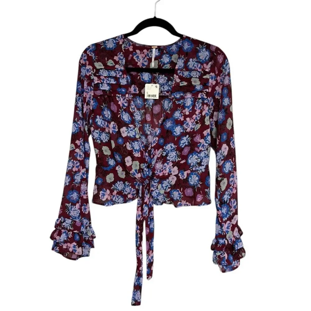 NEW Free People Maybel Blouse in Dark Red and Blue Shiraz Combo Floral - Size XS
